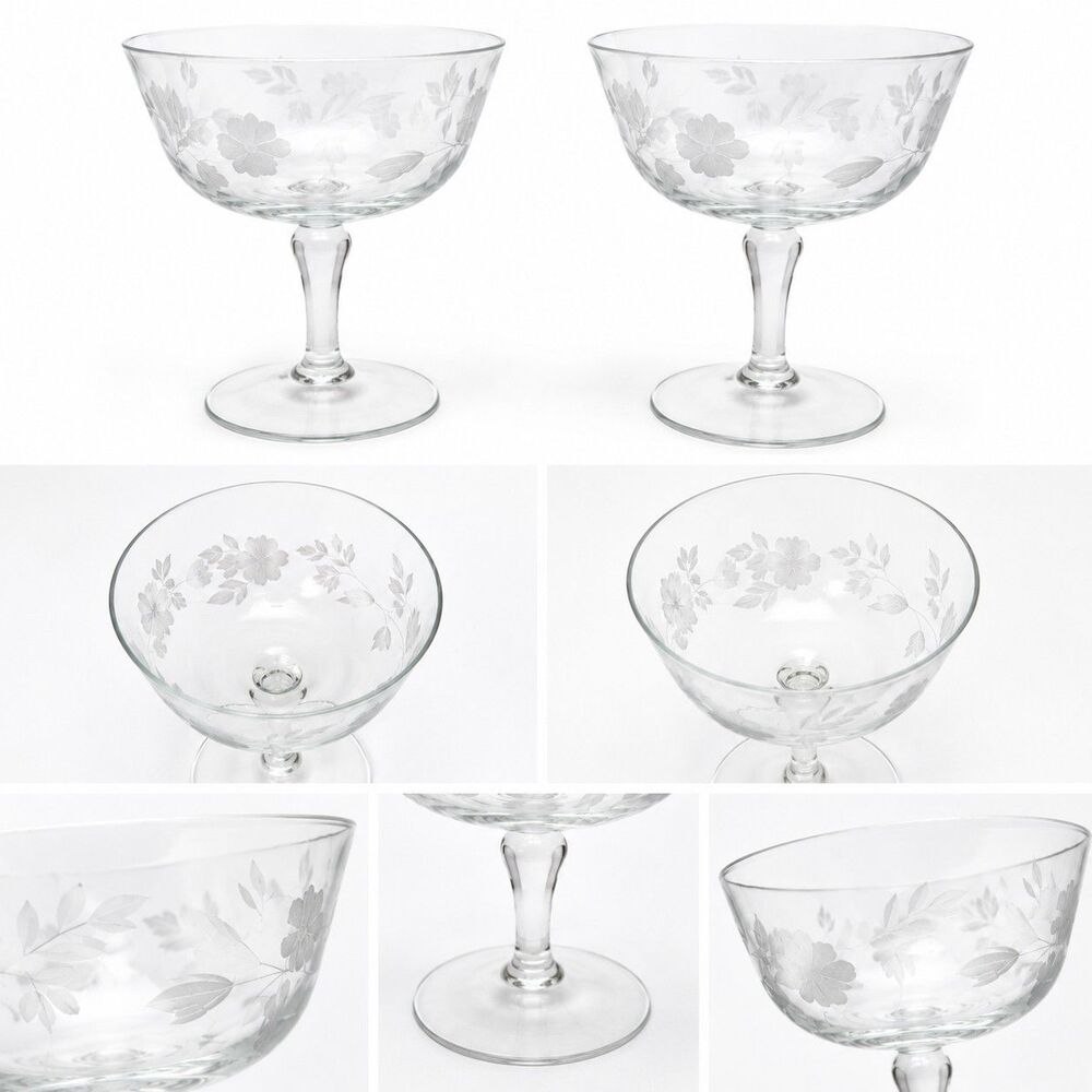 Vintage Etched Floral Champagne Coupe Glasses – Set – Elegant Clear Stemware